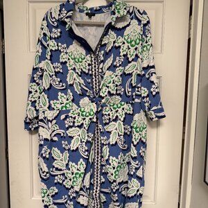 Talbots Plus Petite 2XP Blue Green Floral Shirt Dress Stretch Knit Career Casual